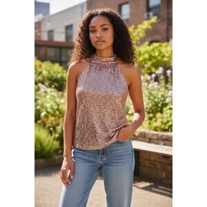 Cable & Gauge Rose Gold Sequin Halter Top Women's Medium New Years Eve Holiday